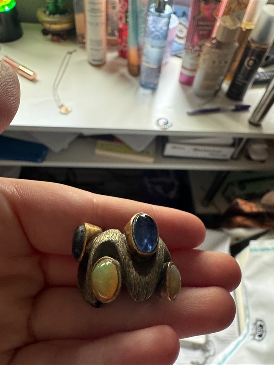 Multistone Vintage-Inspired Gold Tone Statement Ring in Blue and Opal Hues